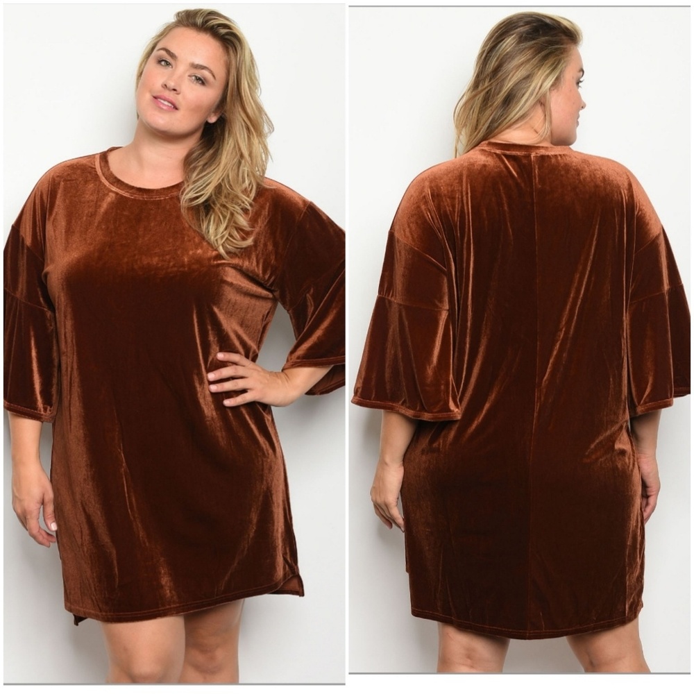 Plus Size 1X Dark Caramel Velvet Dress - Picture 2 of 3